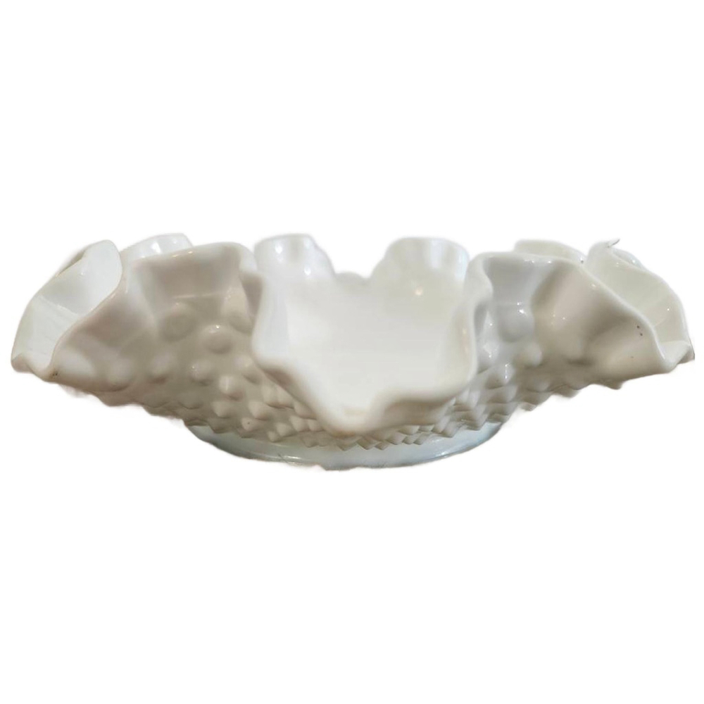 Vintage Fenton White Milk Glass Hobnail Ruffled Edge Bowl, 1950s